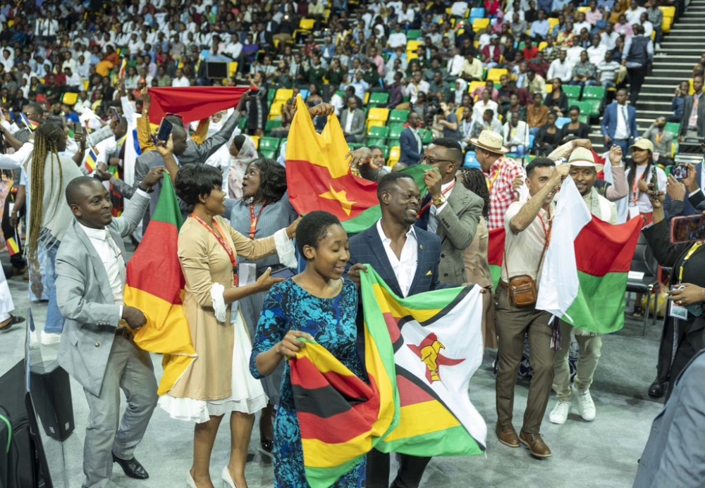 Delegates from different countries with their national flags  at  the Youth Connekt Summit in Kigali on Thursday, on October 13. Photo by Village Urugwiro