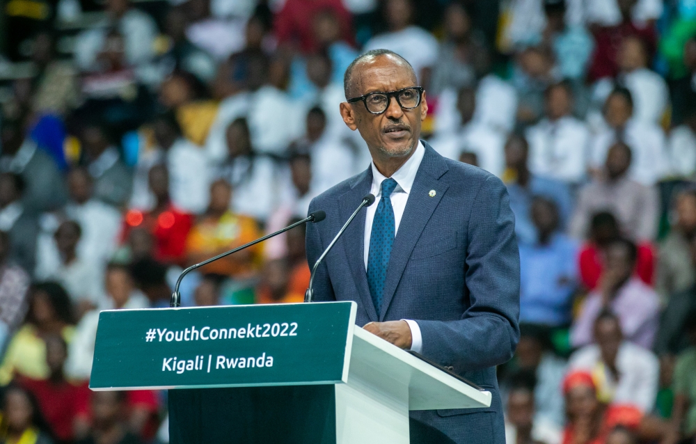 President Paul Kagame addresses  young people attending the Youth Connekt Summit in Kigali on Thursday , October 13. Photo by Olivier Mugwiza