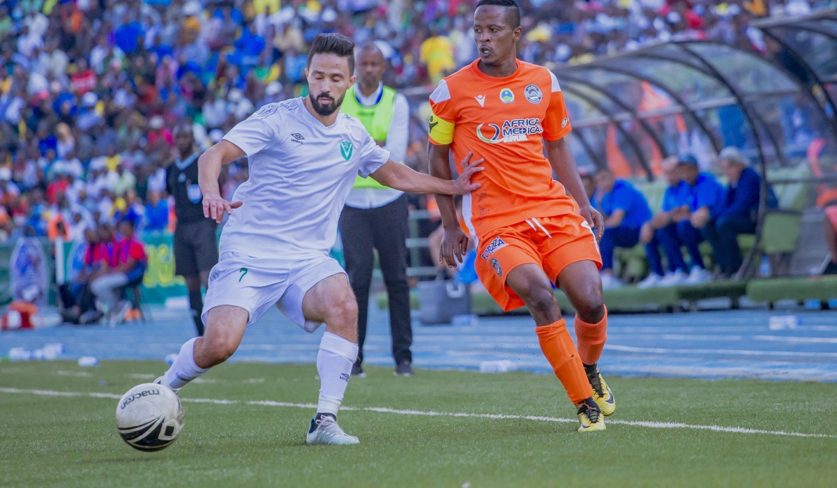 Al Nasr&#039;s player controls the ball against AS Kigali &#039;s Forward Haruna Niyonzima, the skipper of the team during a goalless draw at Huye stadium. Haruna said that he has faith in his squad ahead of the match. COURTESY