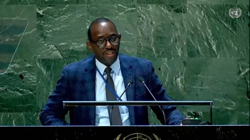 Rwanda’s Deputy Permanent Representative to the UN, Robert Kayinamura speaks at the 11th Emergency Special Session of the UN General Assembly, as he responded to DR Congo’s Permanent Representative, Georges Nzongola-Ntalaja. Courtesy