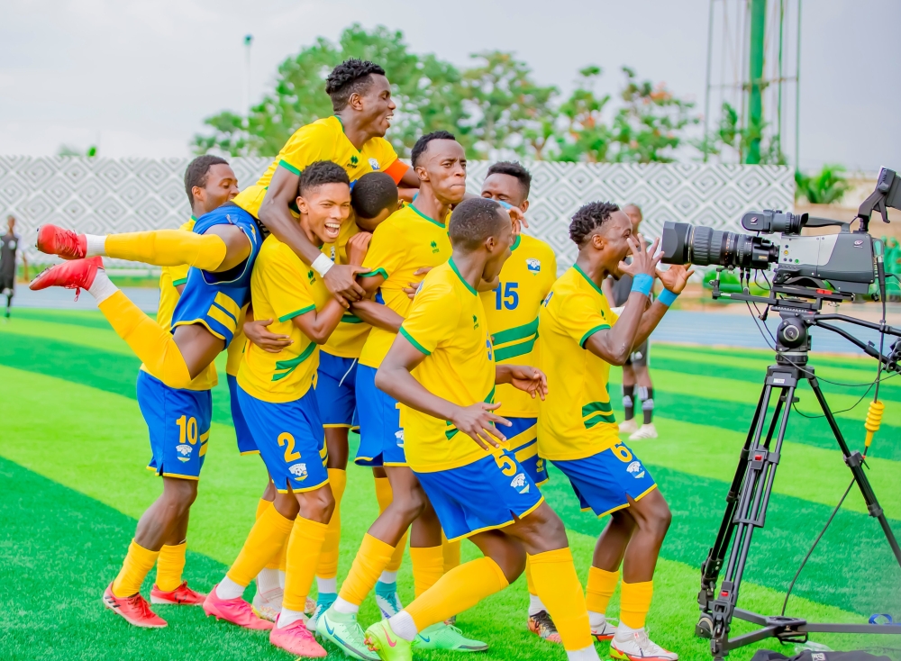 U-23 players celebrate a goal during the second leg game against Libya at Huye Stadium. Head coach Rwasamanzi has named the squad against Mali. Courtesy