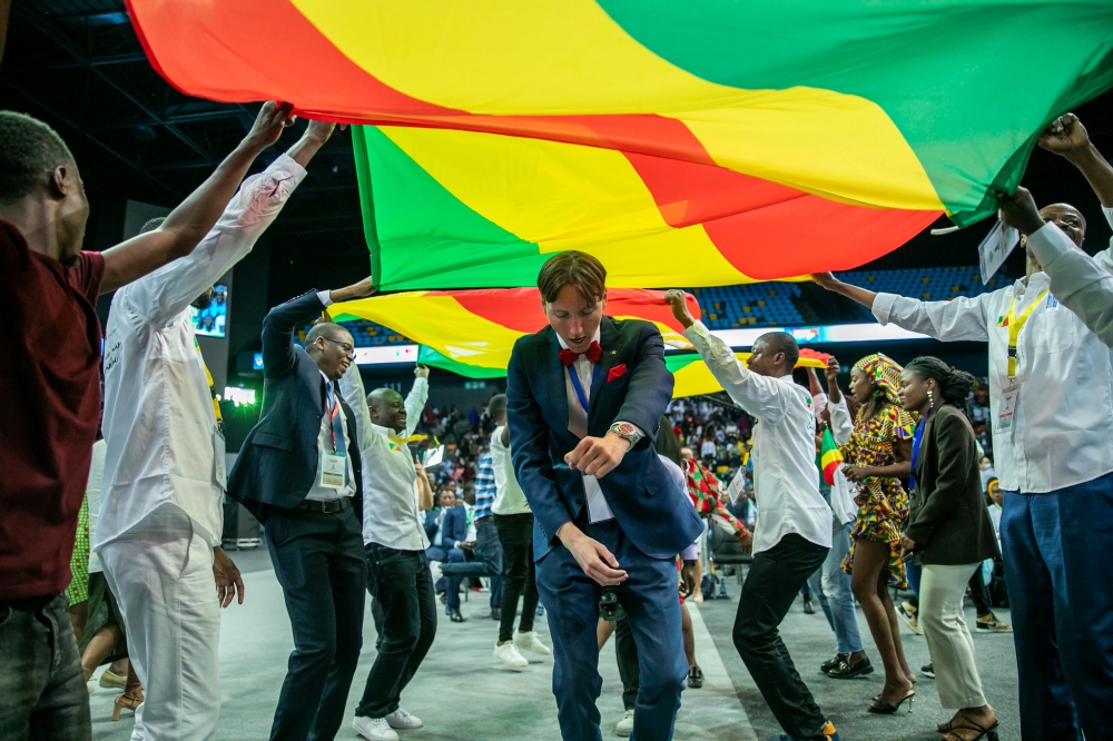 Delegates dance different songs. Youth were in a competition to see who raised their country’s flag higher at the opening of the 2022 Youth Connekt Summit in Kigali on October 13. 