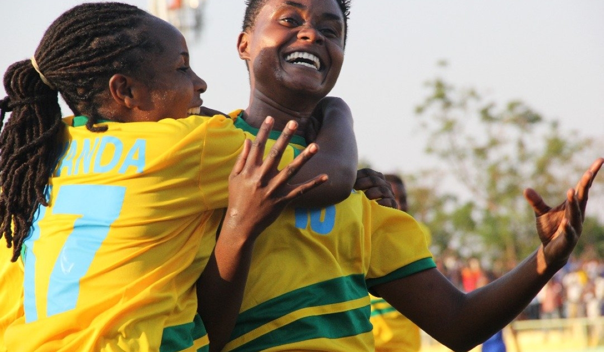 She-Amavubi players celebrate a goal during a match against Tanzania at Kigali Stadium.The She-Amavubi are 32nd in Africa and 163rd, globally, in the latest FIFA Women world ranking released on October 13. (File)