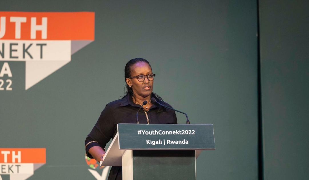 First Lady Jeannette Kagame delivers her remarks during the session on sexual and reproductive health and mental health at the Youth Connekt Summit on October 14. Courtesy.