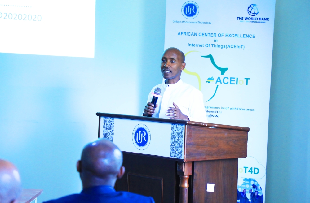 Ignace Gatare, Principal of College of Science and Technology, University of Rwanda speaks at the meeting on October 13. All photos by Craish Bahizi