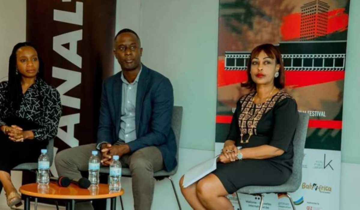 Souad Houssein with Serge Noukoue Audiovisual Attaché for East Africa (France) and Sophie Tchatchoua, Managing Director of Canal+ Rwanda during a panel at Urusaro  International Women&#039;s Festival