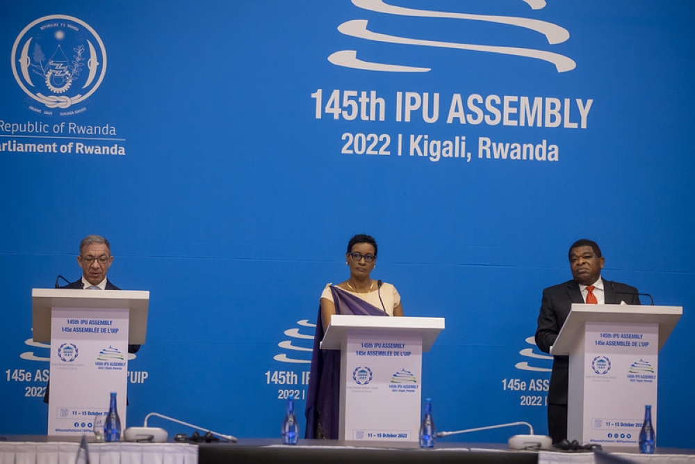 L-R : Inter-Parliamentary Union former president, Duarte Pacheco,  the new president Donatille Mukabalisa, and the  Secretary General, Martin Chungong at the 145th Assembly of the Inter-Parliamentary Union , concluded in Kigali on october 15. Courtesy