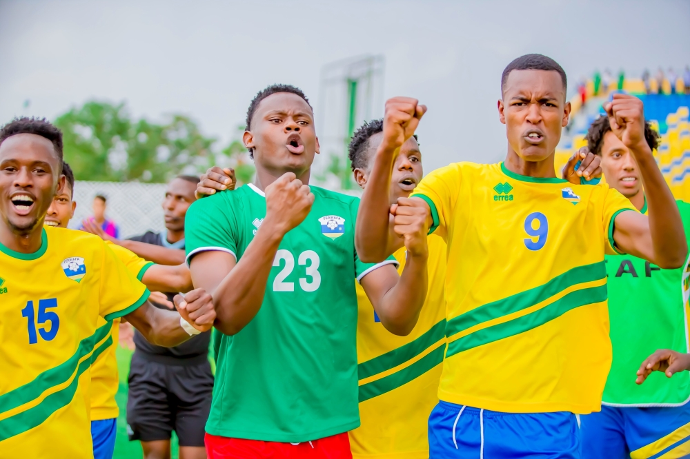 U23 National football team players celebrate after eliminating Libya at Huye Stadium in September. Courtesy