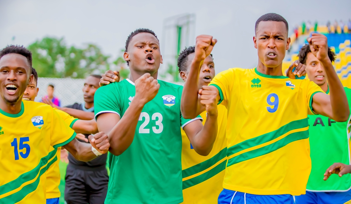 U23 National football team players celebrate after eliminating Libya at Huye Stadium in September. Courtesy