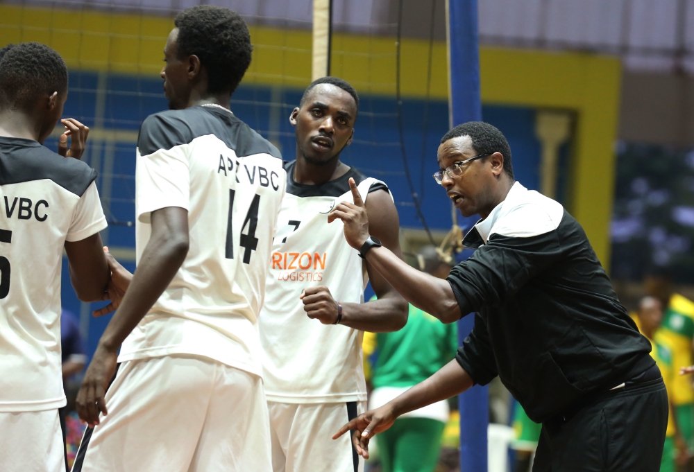 Elie Mutabazi,  APR Volleyball team  head coach gives instructions to his players during a league match at Petit Stade. Photo: Sam Ngendahimana.
