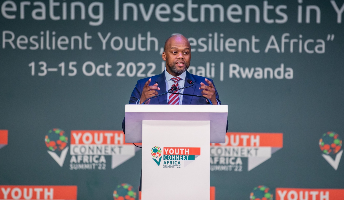 Secretary General of the African Continental Free Trade Area (AfCFTA), Wamkele Mene addresses youths at the Youth Connekt Summit in Kigali on October 15. Photo by Olivier Mugwiza