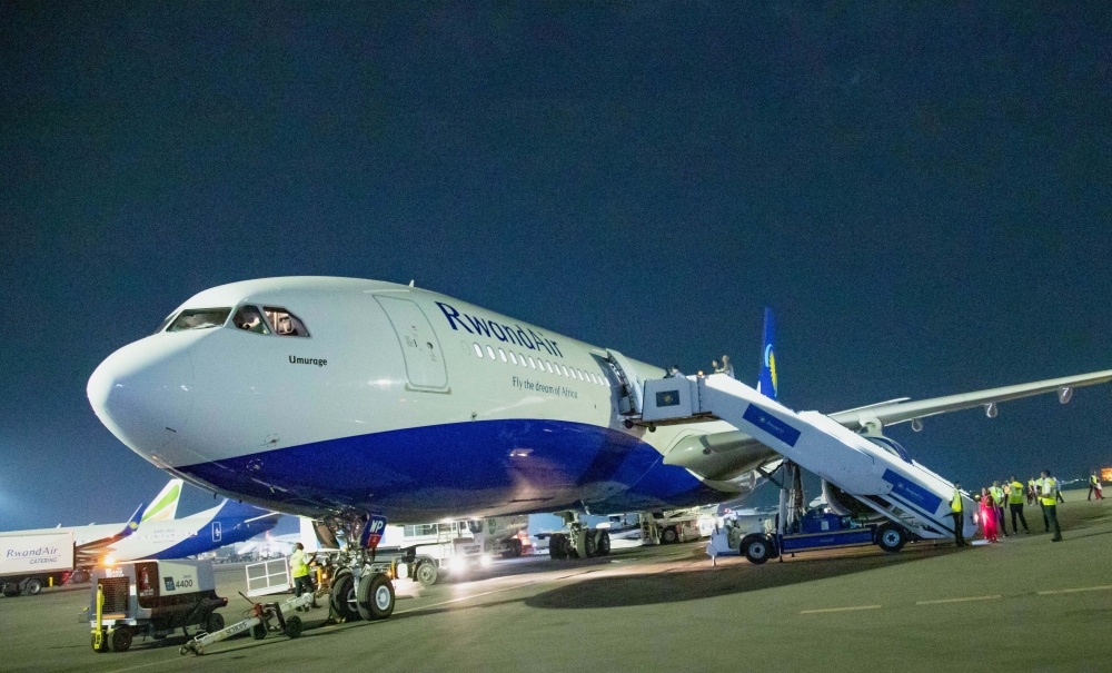 RwandAir&#039;s airplane at Kigali International Airport. The national carrier will, effective November 6, launch direct flights to London Heathrow. File
