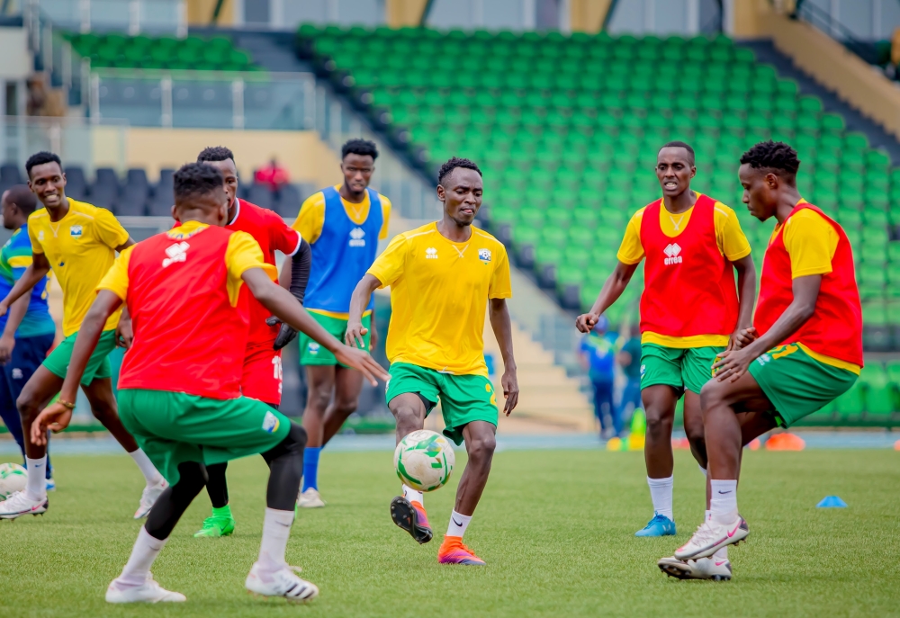The under 23 national football team players during a training session at Huye Stadium on October 17. Photo: Courtesy.