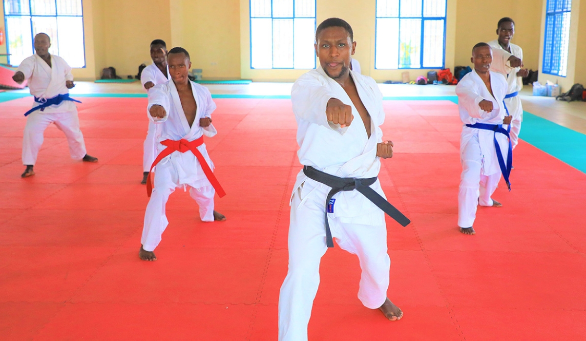 National team players during a training session last week. French Karate instructor, Patrick Dupeux, will lead a Karate training seminar scheduled for October 20-23, in Kigali. Craish Bahizi