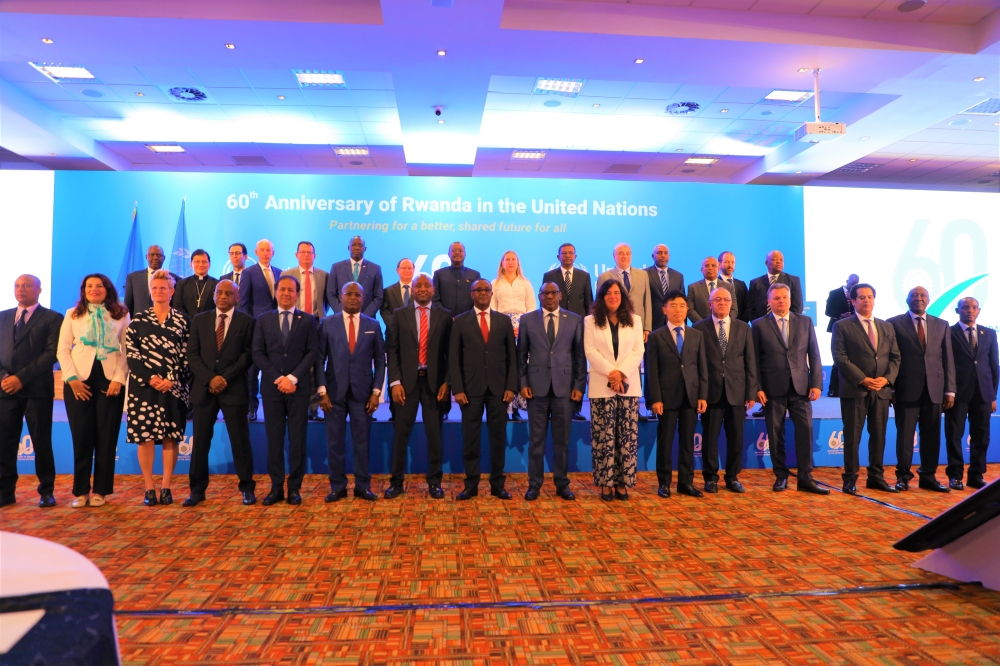 Officials in a group photo during the he celebration of the 60th anniversary of Rwanda&#039;s membership in the UN in Kigali on October 24. Craish Bahizi