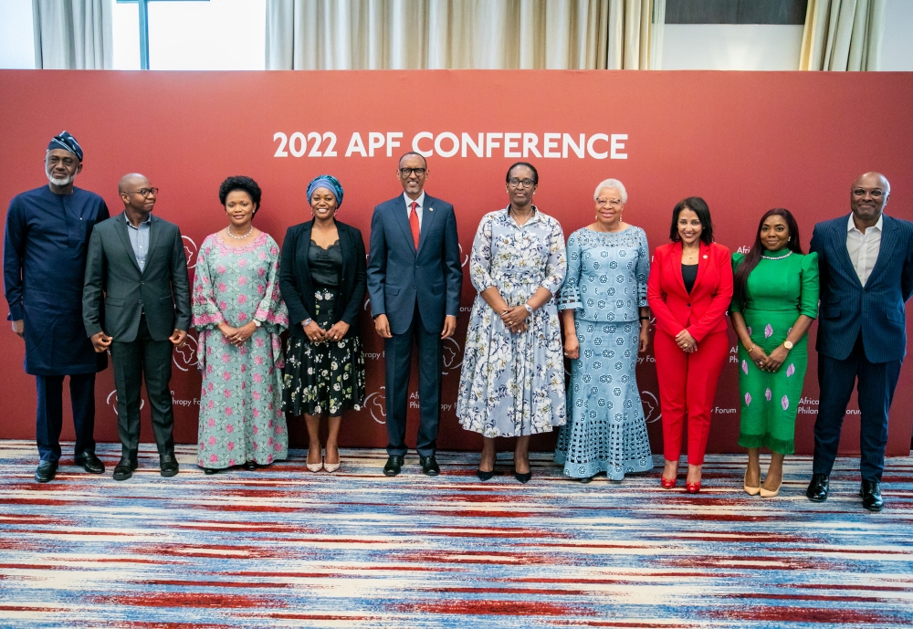 President Paul Kagame and First Lady in a group photo with some delegates at  the African Philanthropic Forum 2022, in Kigali, on Monday, October 24. Photo by Olivier Mugwiza