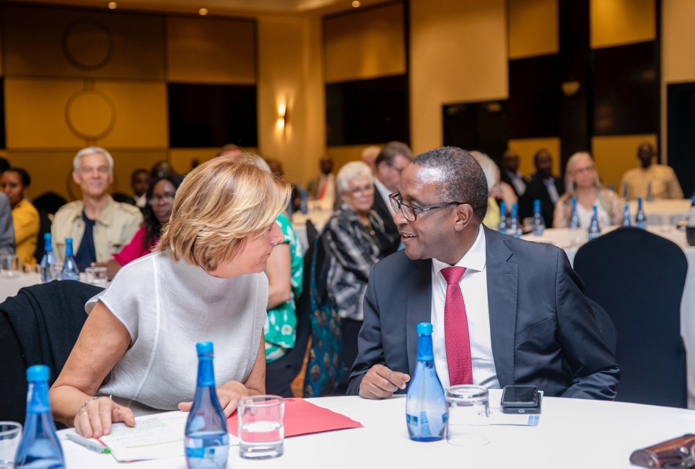 Minister Vincent Biruta interacts with Minister President Malu Dreyer who is leading a delegation from Rhineland-Palatinate during the celebration event of the 40th Anniversary of the partnership, in Kigali on Monday, October 24. Courtesy