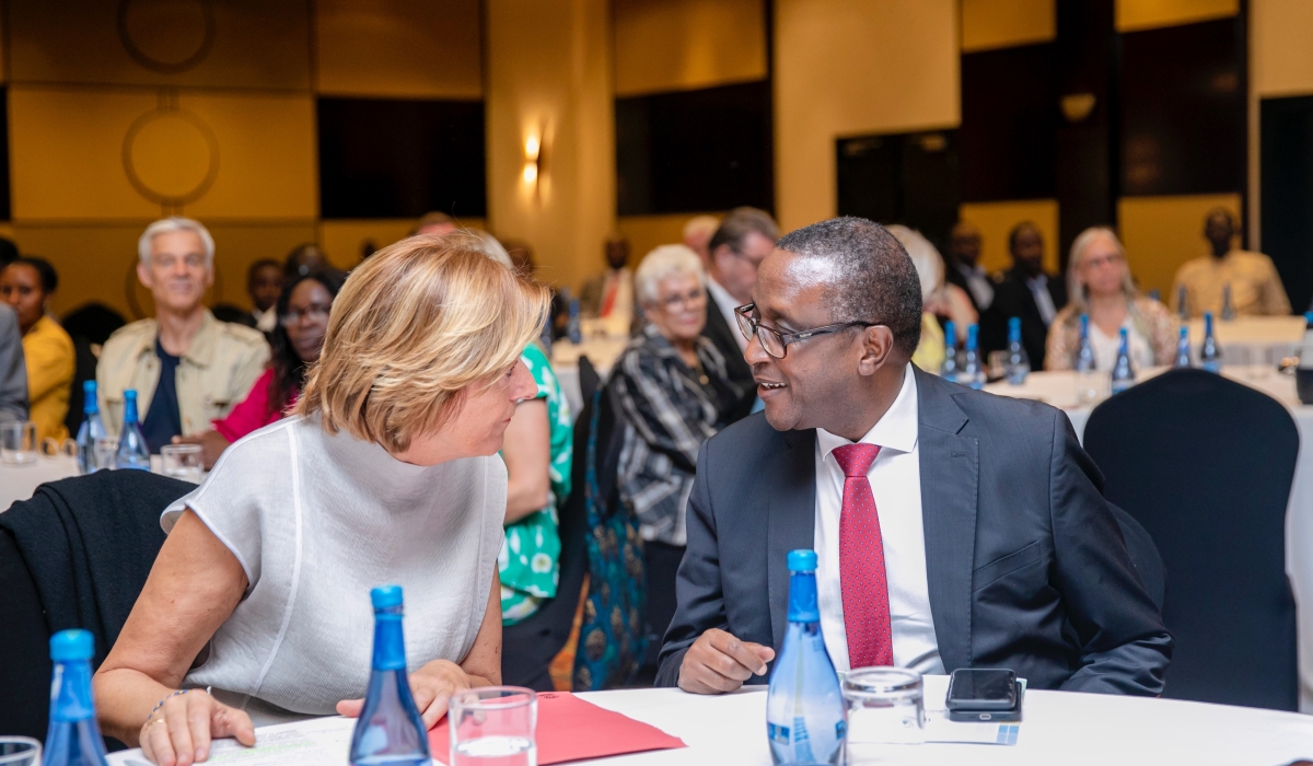 Minister Vincent Biruta interacts with Minister President Malu Dreyer who is leading a delegation from Rhineland-Palatinate during the celebration event of the 40th Anniversary of the partnership, in Kigali on Monday, October 24. Courtesy