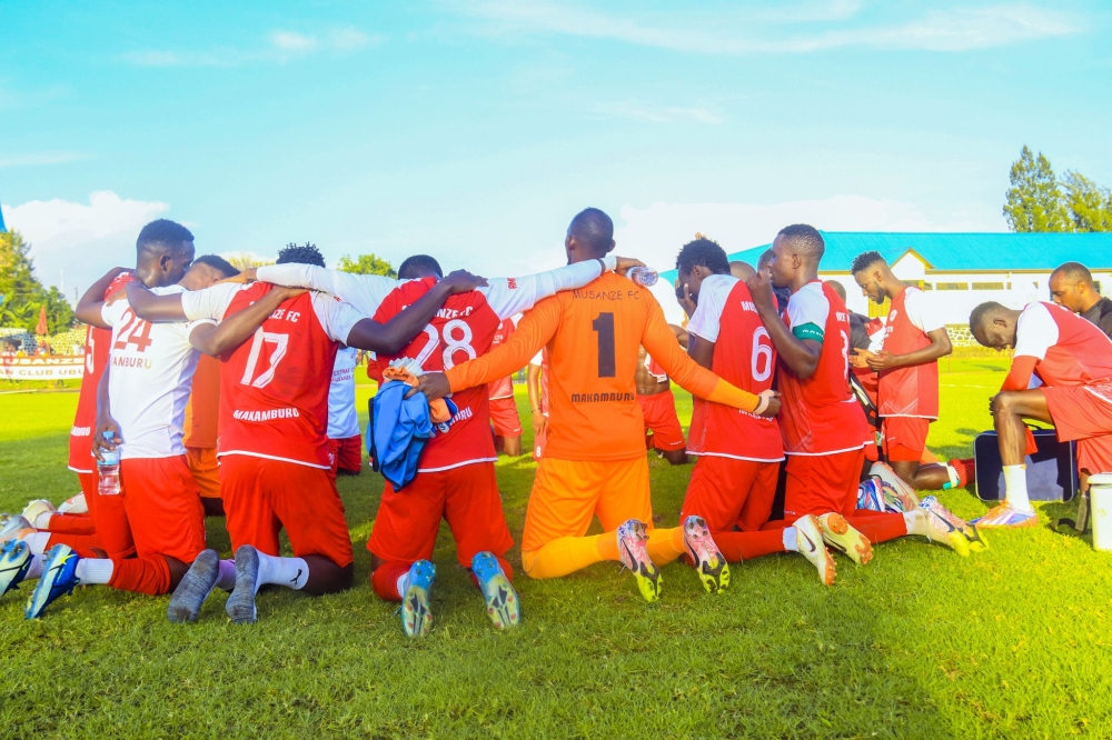 Musanze FC players during a joint prayer after a league match against Sunrise FC at Ubworoherane Stadium. Photo: Courtesy