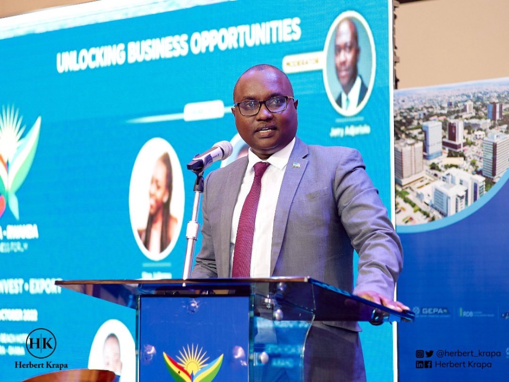 Ngabitsinze speaks at the opening of the Ghana-Rwanda Business Forum in Ghana on October 26. Photo: Courtesy.