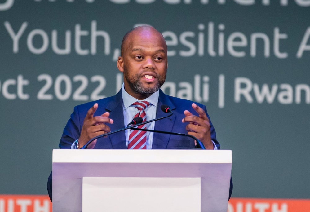 Secretary General of the African Continental Free Trade Area (AfCFTA), Wamkele Mene addresses
youths at the Youth Connekt Summit in Kigali on October 15. Photo by Olivier Mugwiza.