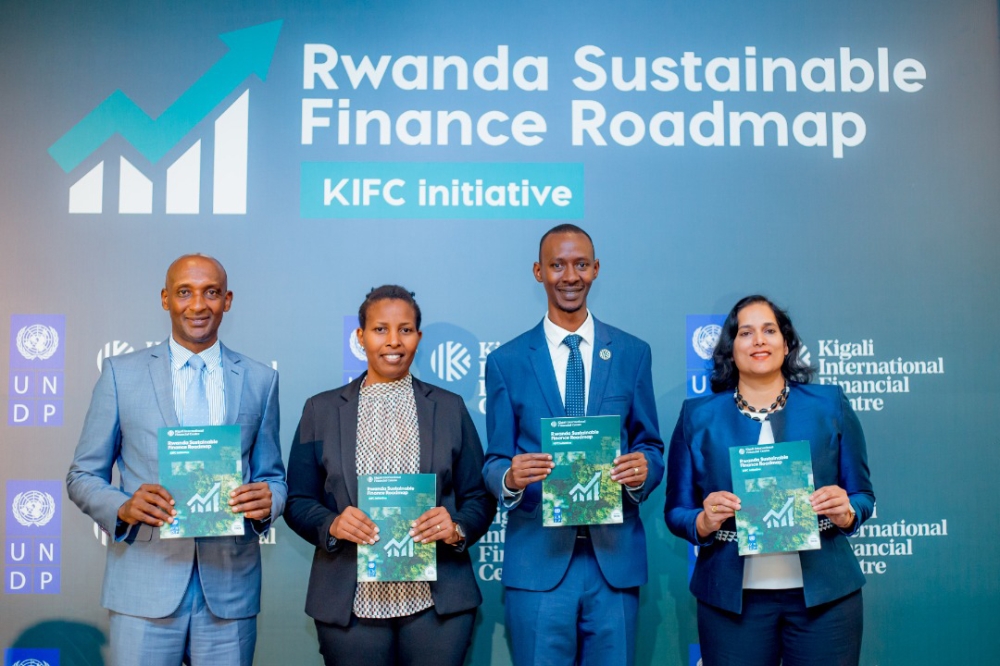 Officials at the launch of the Kigali International Financial Centre’s sustainable finance roadmap in Kigali on October 26. Photos: Courtesy.
