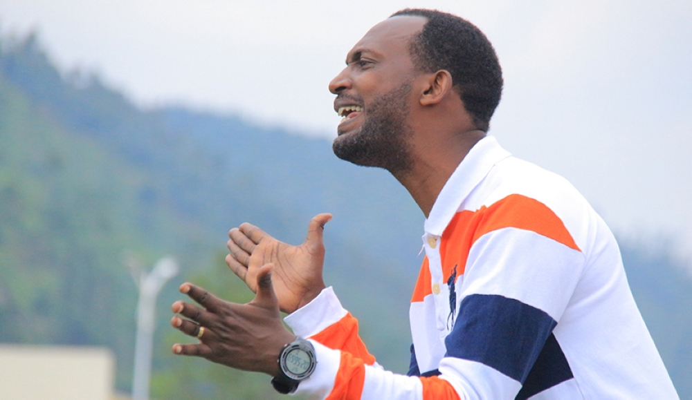 Espoir FC head coach, Justin Bisengimana during the game at Rubavu Stadium.