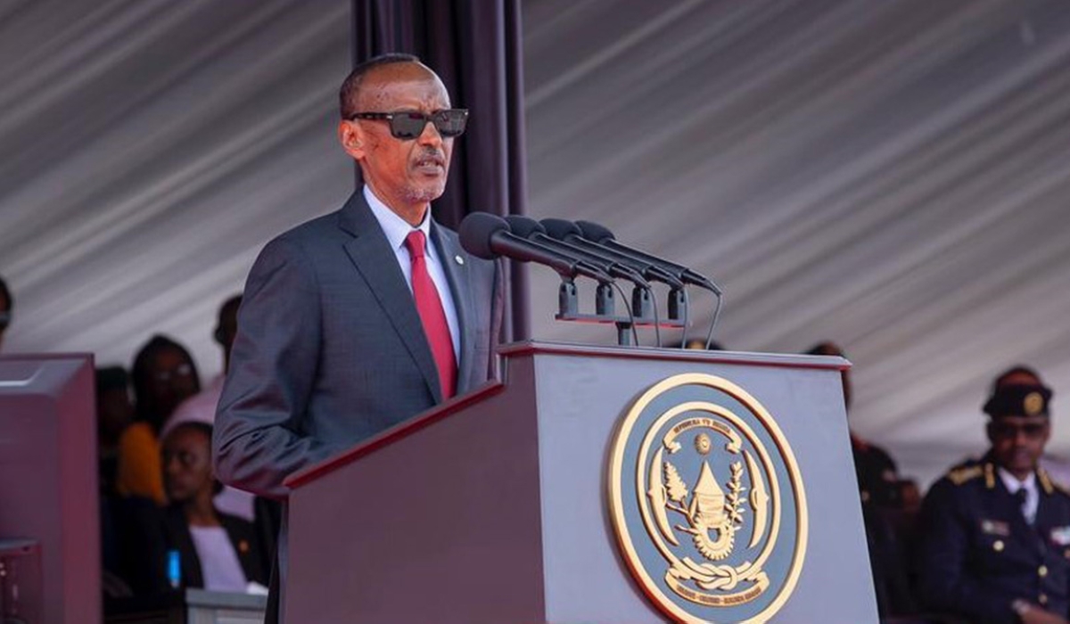 President Paul Kagame delivers remarks while officiating the pass out of 568 officer cadets  at Rwanda Military Academy in Gako, Bugesera District on November 4. Olivier Mugwiza
