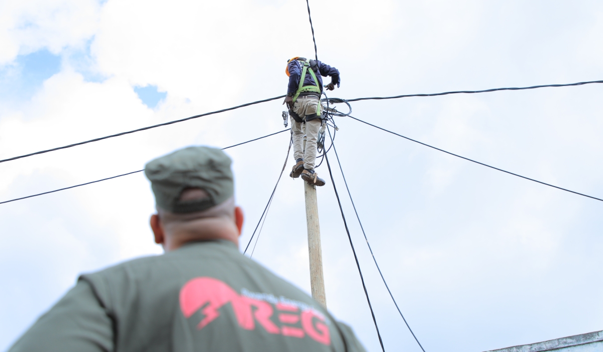 REG technician during electricity supply exercise in Gicumbi District. According to REG access to electricity has increased from 2 per cent in 2000 to around 74.5 per cent as of today File