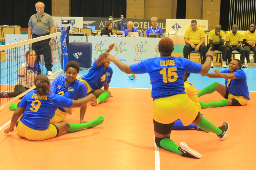 Rwanda’s national women’s sitting volleyball team celebrate after winning their third group stage game of the ongoing Sitting Volleyball World Championships in Sarajevo, Bosnia  on Monday, November 7 . Courtesy