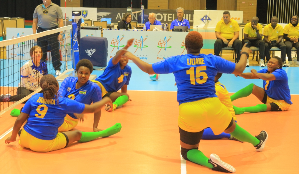 Rwanda’s national women’s sitting volleyball team celebrate after winning their third group stage game of the ongoing Sitting Volleyball World Championships in Sarajevo, Bosnia  on Monday, November 7 . Courtesy
