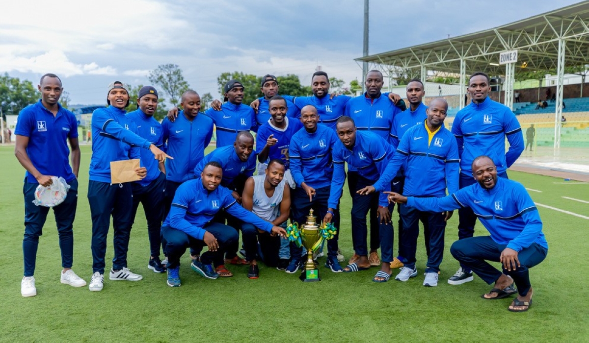 Bank of Kigali football club players celebrate the victory as they were crowned champions of the Inter-Agency Football Tournament at Kigali stadium on Saturday, November 5. Courtesy