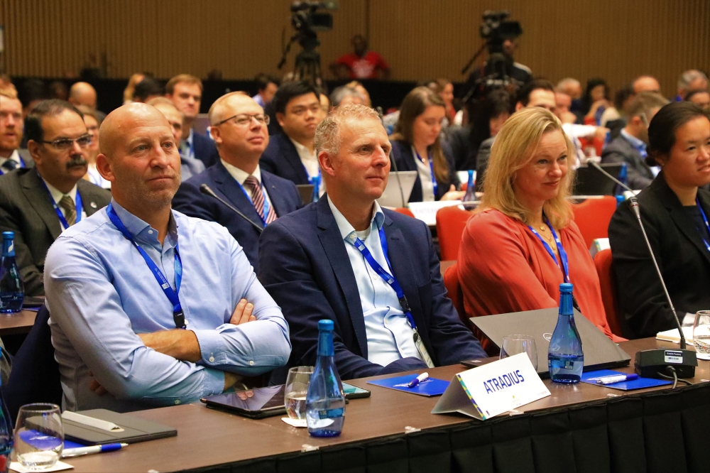 Delegates follow a presentation during the Berne Union Annual General Meeting in Kigali on November 8. Hosted by the African Trade
Insurance from November 7 to 10, the three-day meeting, that brought together over 77 financial institutions, is discussing Africa’s
potential for greater intra-regional trade and integration into international value chains, the transition of the continent’s energy sector,
and the role of international finance and investment in the context of debt sustainability. Photo: Craish Bahizi.