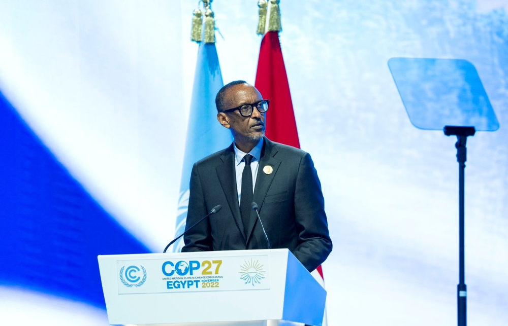 President Paul Kagame delivers remarks at the 27th UN climate conference in Sharm El-Sheikh,
Egypt on Tuesday, November 8. Photo: Village Urugwiro.