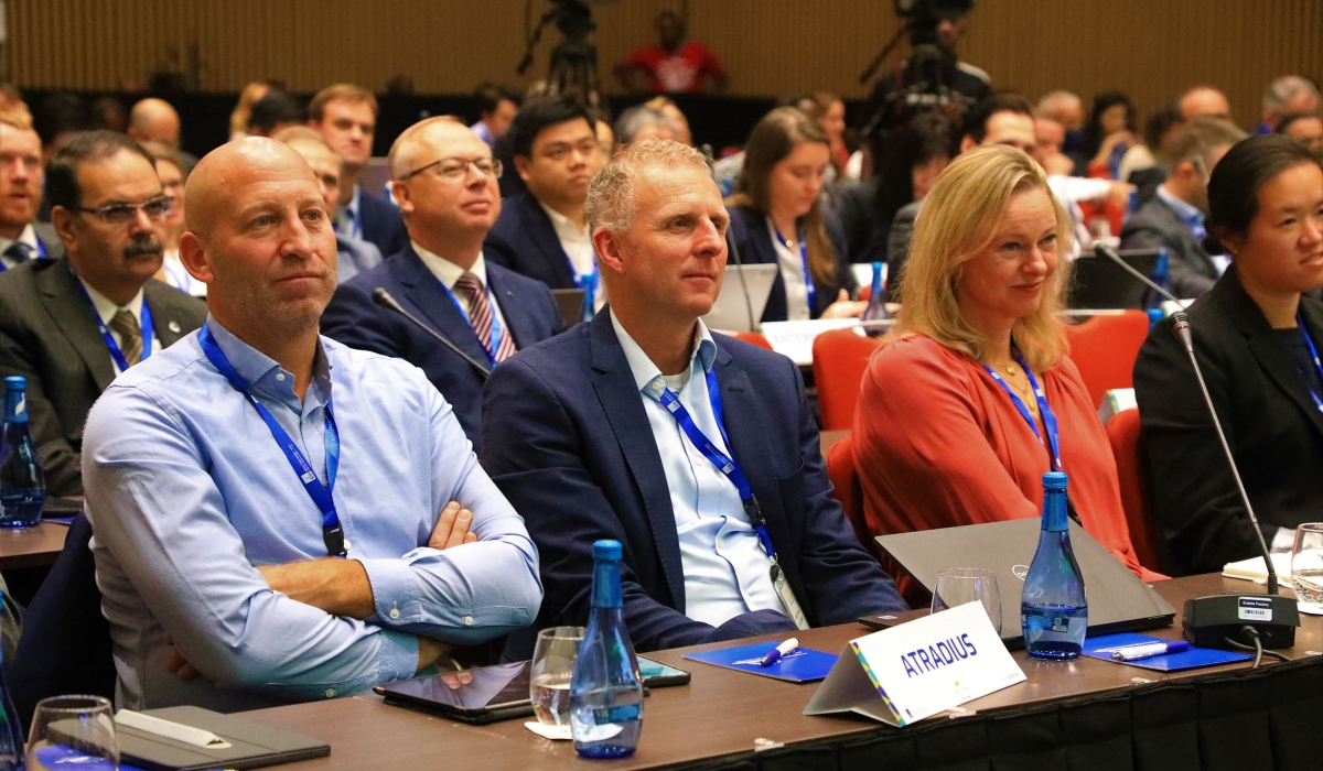 Delegates follow a presentation during the Berne Union Annual General Meeting in Kigali on November 8. Hosted by the African Trade
Insurance from November 7 to 10, the three-day meeting, that brought together over 77 financial institutions, is discussing Africa’s
potential for greater intra-regional trade and integration into international value chains, the transition of the continent’s energy sector,
and the role of international finance and investment in the context of debt sustainability. Photo: Craish Bahizi.