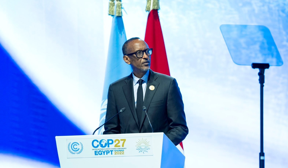 President Paul Kagame delivers remarks at the 27th UN climate conference in Sharm El-Sheikh,
Egypt on Tuesday, November 8. Photo: Village Urugwiro.
