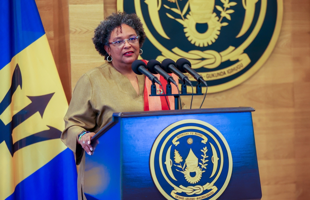 Prime Minister Mia Amor Motley addresses the media during a joint news breifing. Photo by Olivier Mugwiza