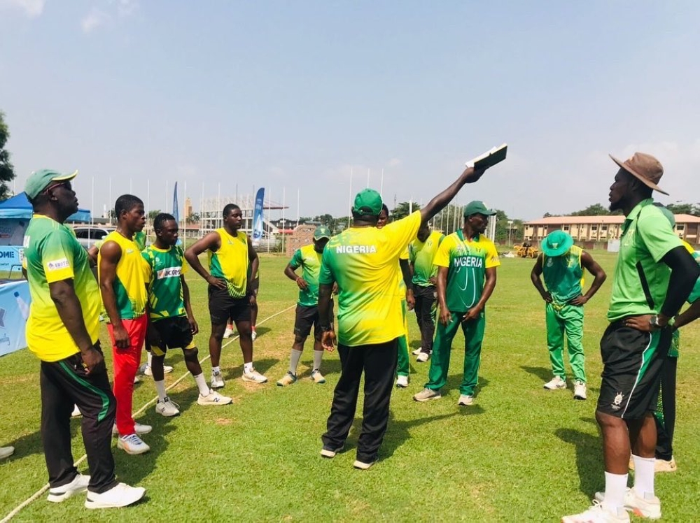 Nigerian coaches give instructions to the players during a training session in Nigeria.