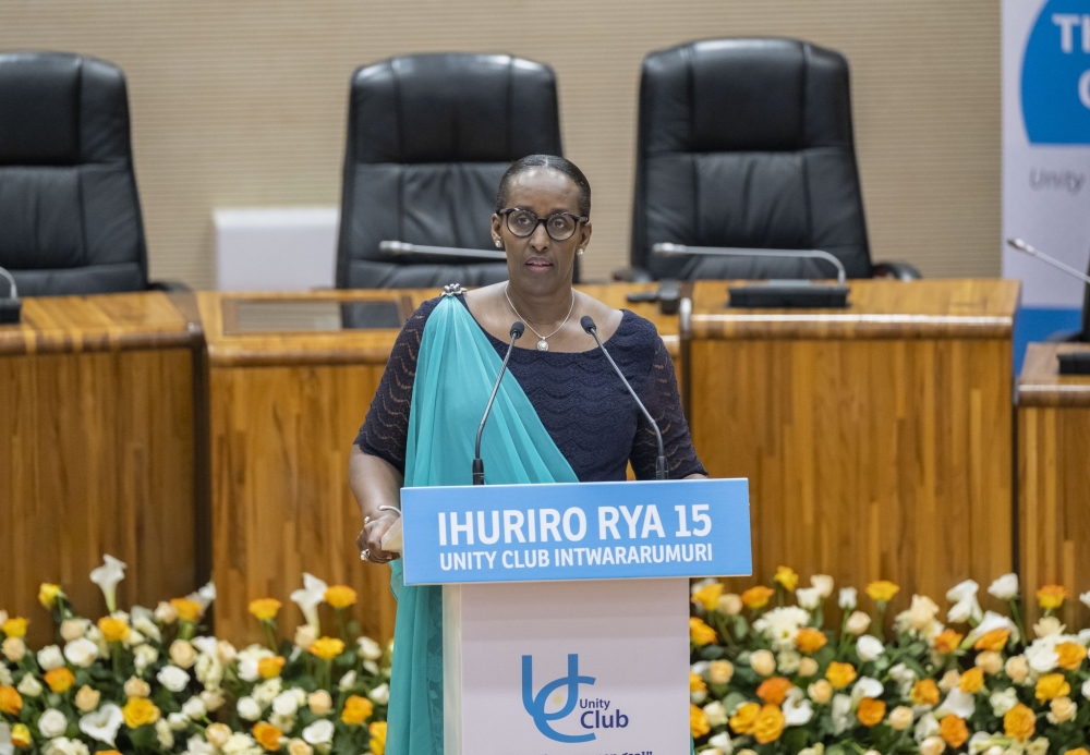 First Lady Jeannette Kagame delivers remarks during the 15th forum of the Unity Club on Saturday, November 12, Courtesy