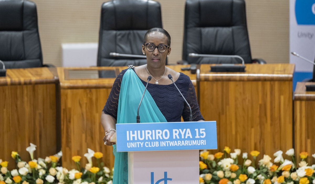 First Lady Jeannette Kagame delivers remarks during the 15th forum of the Unity Club on Saturday, November 12, Courtesy