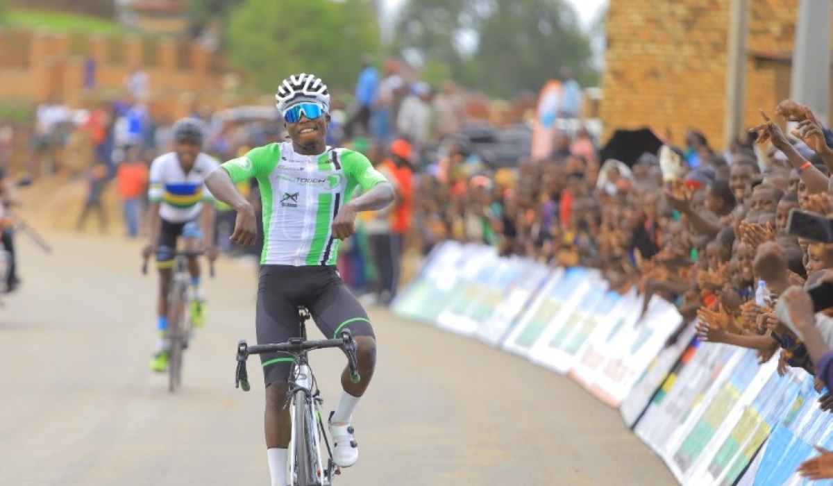 Moise Mugisha celebrates the victory as he crosses the finish line of the inaugural Kibeho Race on Saturaday, November12 at Kibeho in Nyaruguru District. Courtesy