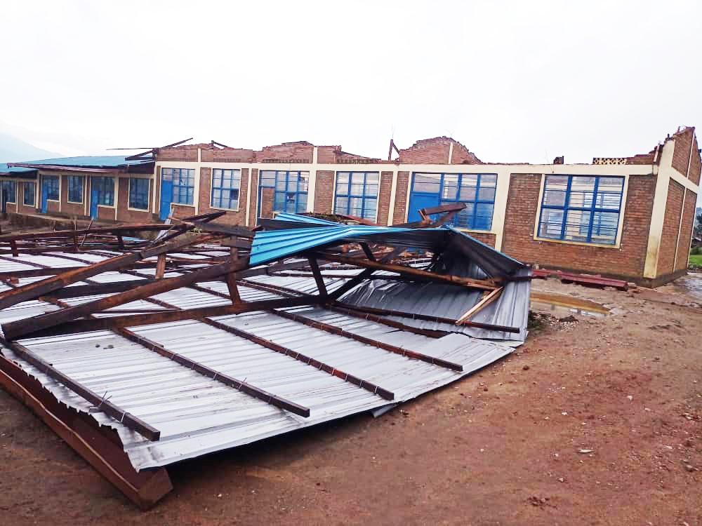 A scene of disaster where heavy rains destroyed five classrooms in Busasamana Sector in Rubavu District on January 4. Photo: Courtesy.