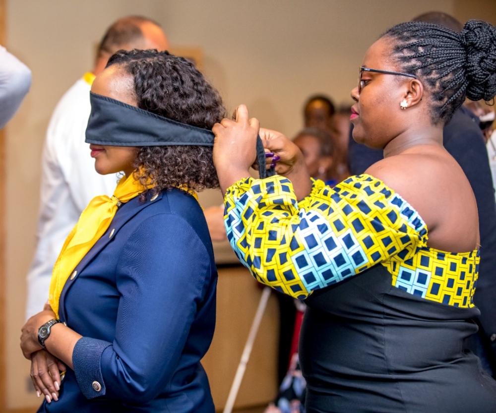 MTN chief executive Mapula Bodibe is blindfolded before experiencing what she later described as "overwhelming".
