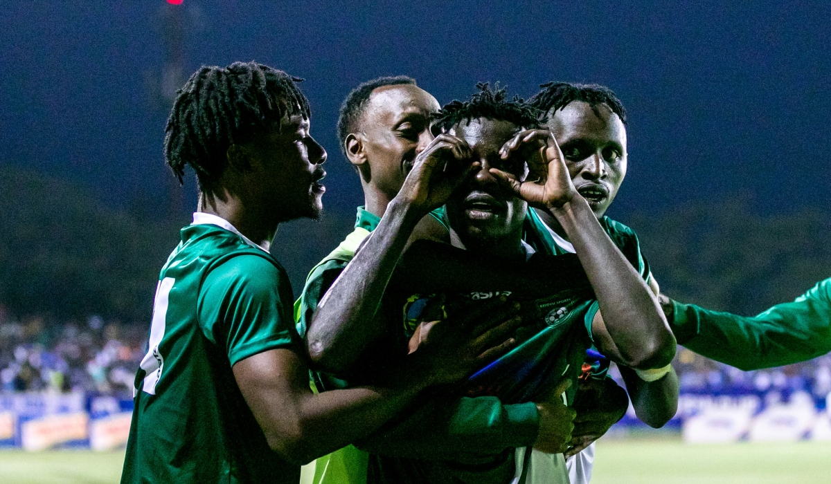 SC Kiyovu&#039;s Burundian midfielder Ismail  Nshimirimana celebrates his goal with the teammates as the Green Baggies stun Rayon Sport 2-1 at Kigali Stadium on Friday. Photo by Olivier Mugwiza