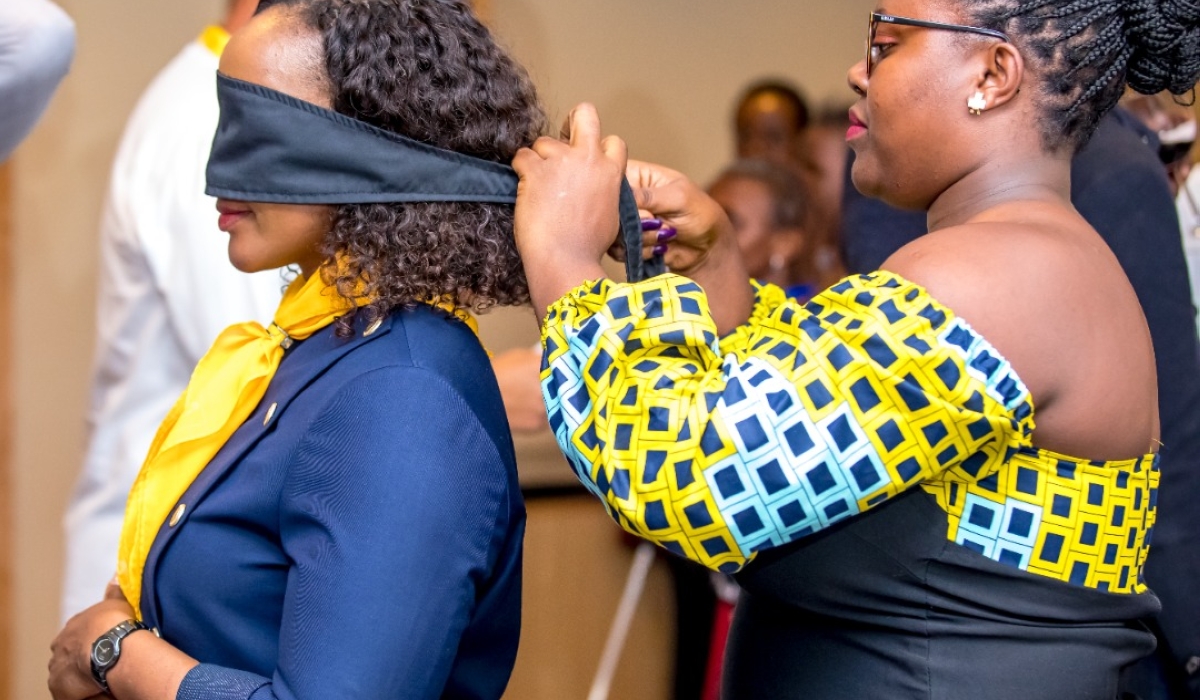 MTN chief executive Mapula Bodibe is blindfolded before experiencing what she later described as "overwhelming".