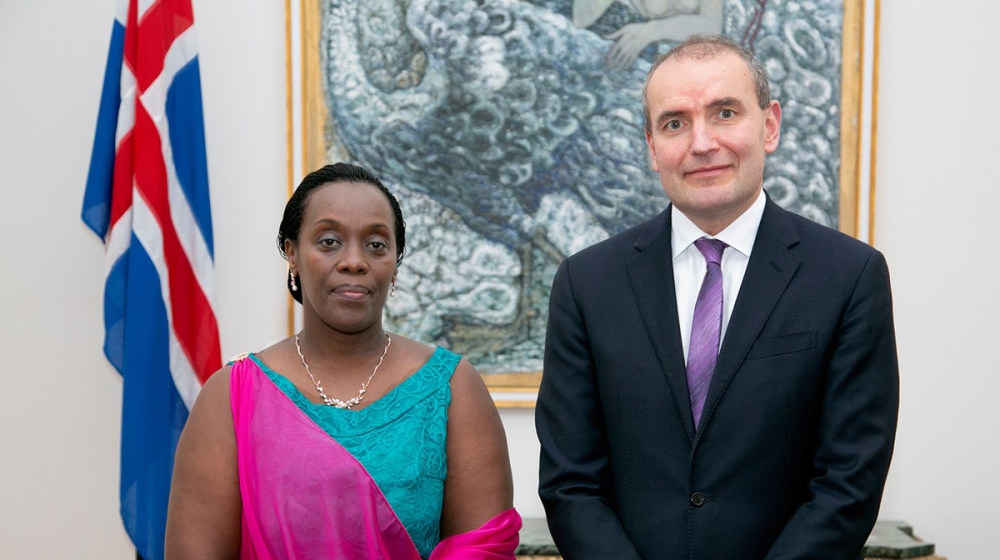 Amb. Dr Diane Gashumba poses for a photo with President Guðni Th. Jóhannesson of Iceland. Courtesy 