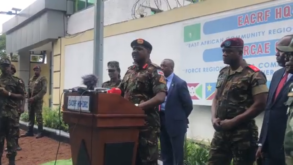 Maj Gen Jeff Nyagah,the commander of the East African Community military force deployed in eastern DR Congo addresses the media in Goma on November 16. Courtesy
