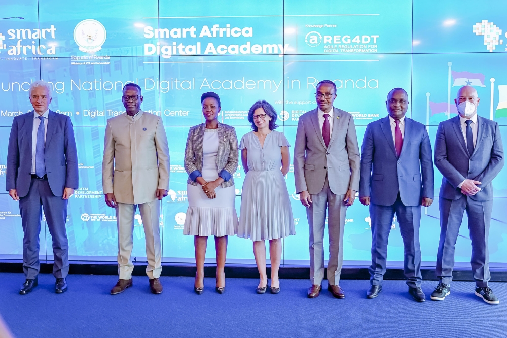 Officials from the government of Rwanda, Smart Africa and other partners pose for a photo during the launch of SADA national digital academy in
Rwanda on March 22, 2022. Photos: Courtesy.