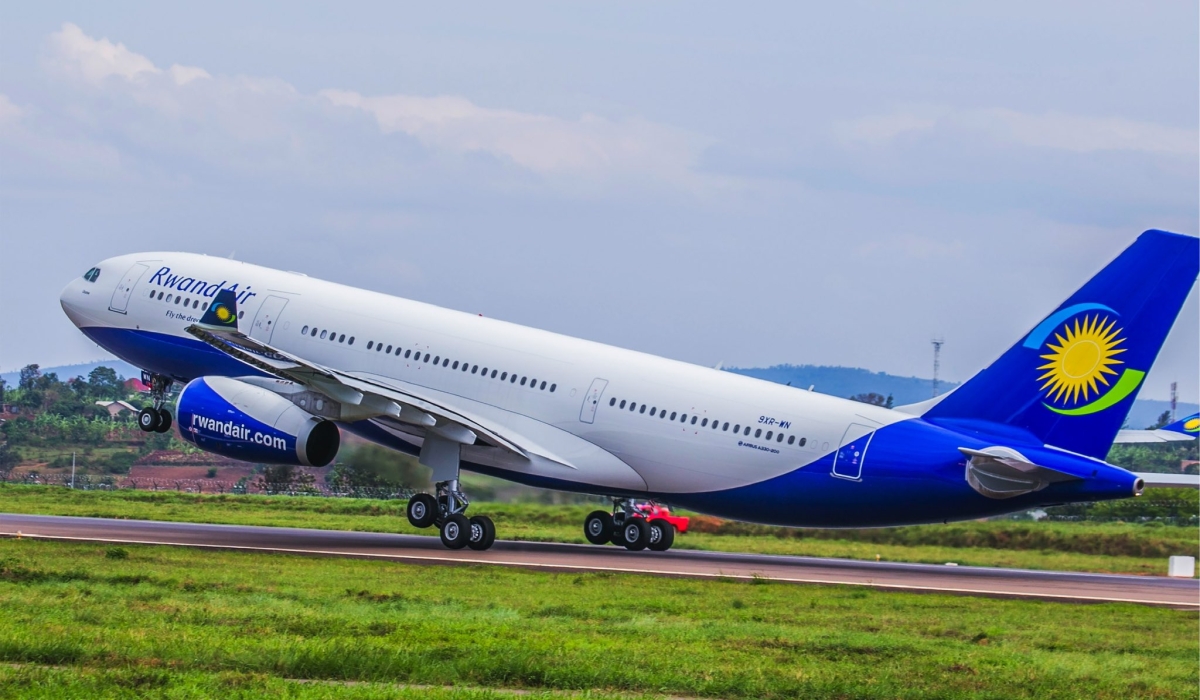 The national carrier, RwandAir&#039;s plane taking off at Kigali International Airport. Rwanda has been chosen among 17 countries that are set to participate in an implementation pilot project of the Single African Air Transport Market. Courtesy