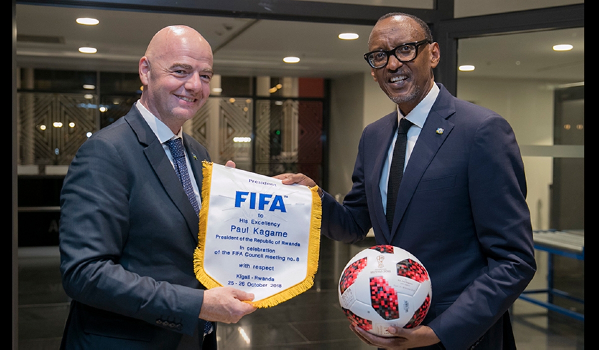 President Paul Kagame and Gianni Infantino at a gala dinner with FIFA Council Members in  Kigali on October 25, 2018. Infantino is set to be elected for a third-term during the 73rd FIFA Congress due to be held in the Rwandan capital early next year. Photo/Village Urugwiro